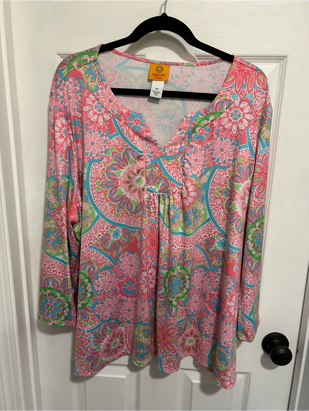 Ruby Rd. Pink and Green Floral V-Neck Tunic